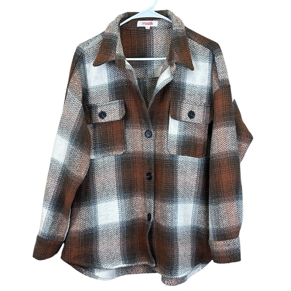 MAZIK WOMANS MULTI PLAID LONG SLEEVE SNAP‎ UP SHACKET BROWN/MULTI SZ L LARGE